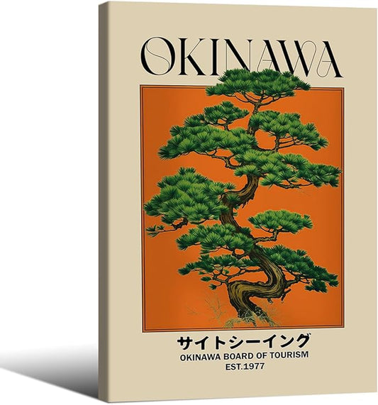Japanese Canvas Wall Art Orange Okinawa Prints Retro Japanese Bonsai Tree Picture Modern Ukiyo-e Decor Poster for Asian Living Room Bedroom Dorm Bathroom 24x36 inch Framed