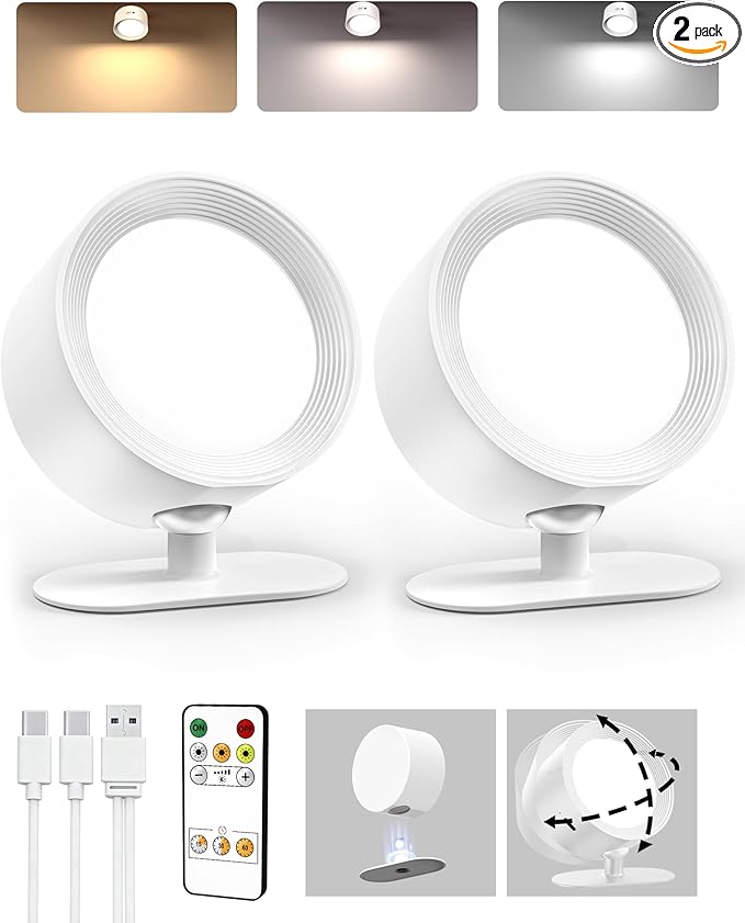LED Wall Mounted Lights, Rechargeable Wall Sconces Lamp, 3 Color Temps & Remote and Touch, 360°Rotation Dimmable Cordless Wall Light for Study Bedroom Reading Bedside(White, 2 Pack)