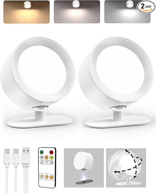 LED Wall Mounted Lights, Rechargeable Wall Sconces Lamp, 3 Color Temps & Remote and Touch, 360°Rotation Dimmable Cordless Wall Light for Study Bedroom Reading Bedside(White, 2 Pack)