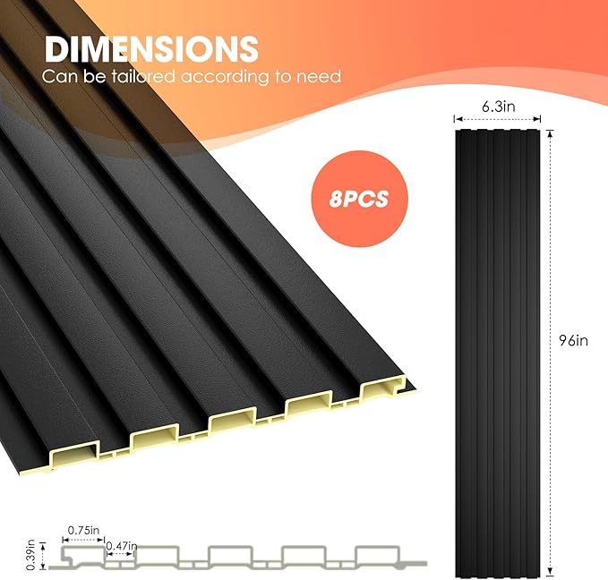 OUZUGIE WPC Acoustic Slat Wall Paneling, 8-Pack 96 x 6 Inches 3D Wall Panels for Interior Wall Decor,Living Room,TV Background,Study Room,Office Spaces,Bedroom,Low Grille (Black)