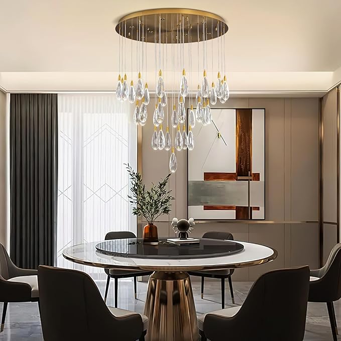 189" Luxury Long Crystal Chandelier, 43-Light Modern Gold Raindrop Staircase Chandelier, Contemporary 4000K Dimmable Flush Mount Light Fixture for Foyer, Entryway, Living Room, High Ceilings