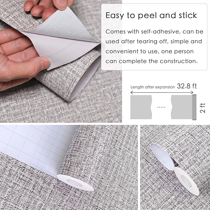 mamonhome Linen Textured PVC Peel and Stick Wallpaper, 24in X 393in Self-Adhesive Wall Paper Advanced Texture Thick Vinyl Embossed Film Wallpapers (Beige Grey)