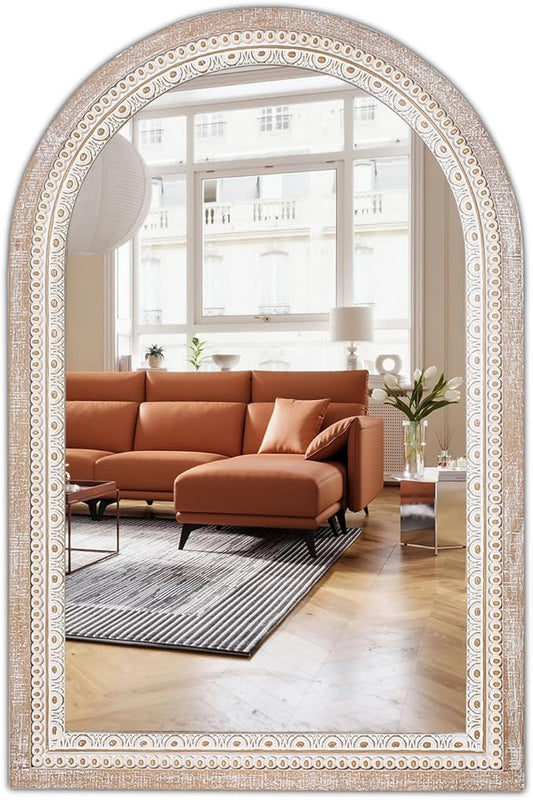 36x24'' Farmhouse Arched Decorative Wall Mirror, Farmhouse Wooden Mirrors with Beaded for Living Room, Hallway, Bathroom, Entryway - Vertical/Horizontal