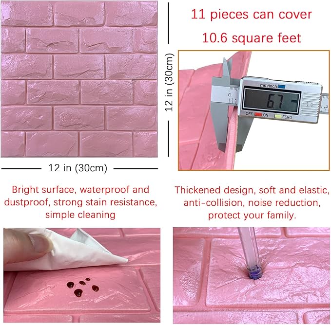 11PCS 3D Wall Panels Peel and Stick Faux Brick Wallpaper Pink Self Adhesive Foam Brick Paneling Faux Stone Wall Panels (11PCS, Pink)