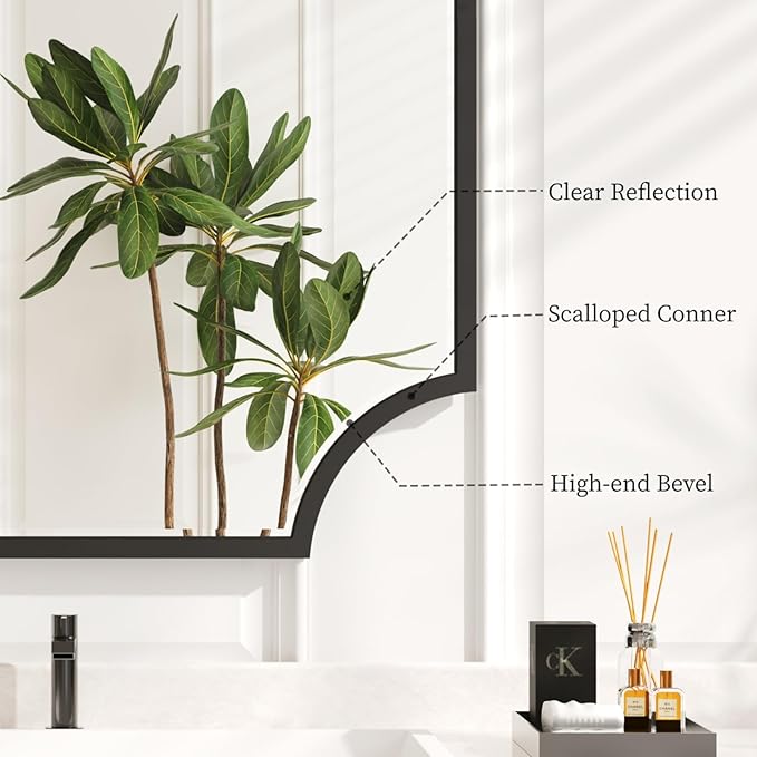 Kelly Miller Scalloped Black Bathroom Mirror for Wall, 24"x36" Black Mirror Decorative Wall Mirror Art Framed Mirror Bevelled for Master Bath Half Bath Living Room Fireplace Mantle Entryway Hallway