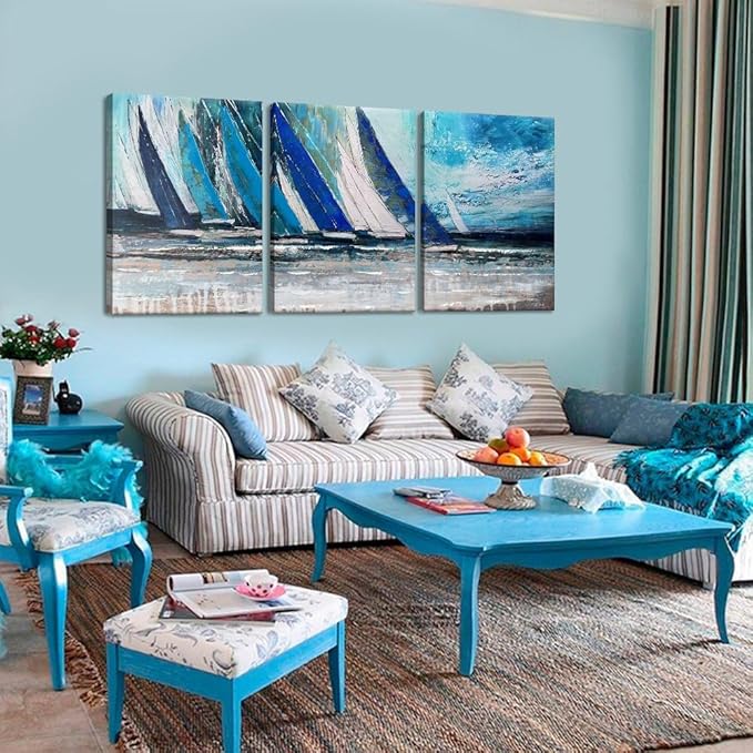 MAMAGO Abstract Wall Art - 3 Pieces Landscape Poster Painting Beautiful Ocean Sailboat Picture Vintage Artwork for Living Room Decor Framed Easy to Hang - 20" W x 28" Hx3pcs