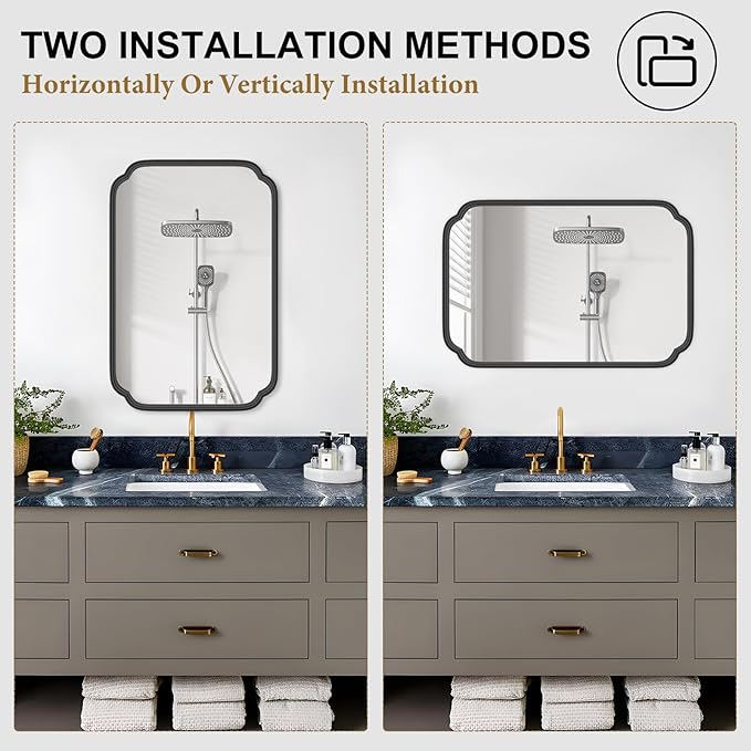Black Bathroom Mirror for Over Sink 20" x 30" Modern Rounded Rectangle Bathroom Vanity Mirror with Metal Framed Wall Mounted Decorative Mirror (Horizontal/Vertical)