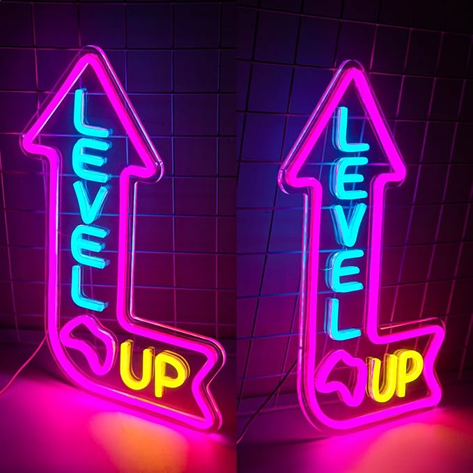 Level Up Neon Sign for Gamer Room Dimmable Game Neon Sign LED Gaming Light up Sign for Man Cave Game Room Zone Home Bedroom Party Decoration for Gamer, Boys, Teens