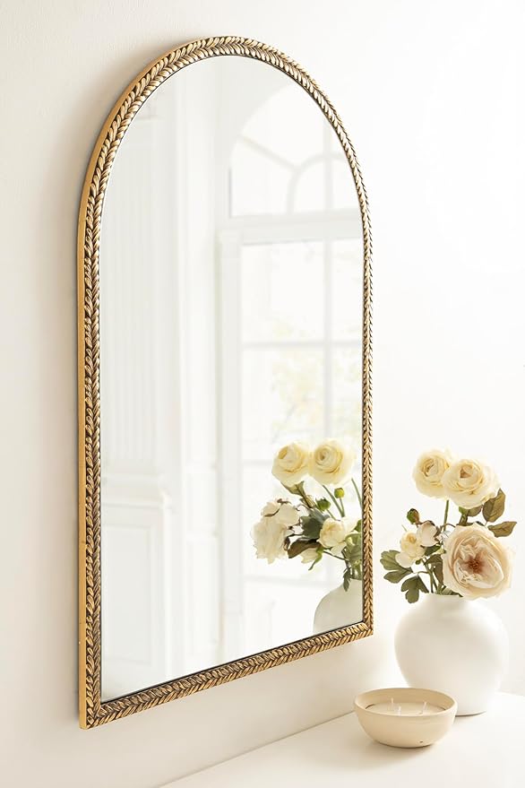 Kate and Laurel Acastis Traditional Ornate Textured Arch Mirror, 24 x 36, Gold, Vintage Arched Wall Mirror for Use as Vanity Bathroom Mirror or Fireplace Mantel Mirror