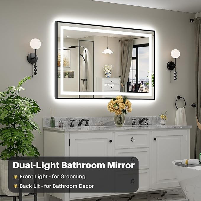 55x36 Inch LED Bathroom Mirror with Black Frame, Backlit & Front Lit, Anti-Fog Lighted Bathroom Vanity Mirror for Wall, Memory Function, Dimmable, HD Tempered Glass, Shatter-Proof