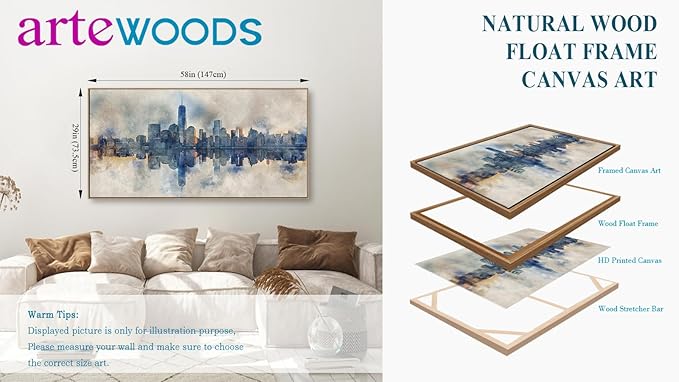 arteWOODS Framed Canvas Wall Art - Abstract New York City Painting Wall Decor Indigo Blue Gray Panoramic Art Print Skyline Reflection Pictures Artwork City Landscape Living Room Bedroom 29" x 58"