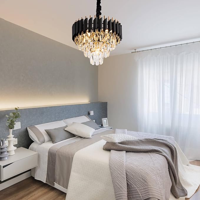 15" 5-Light Modern Crystal Chandelier Light Fixtures 3-Tier Black Gold Luxury Chandeliers for Dining Room Round Hanging Pendant Lighting for Living Room Kitchen Entryway Bedroom Hallway