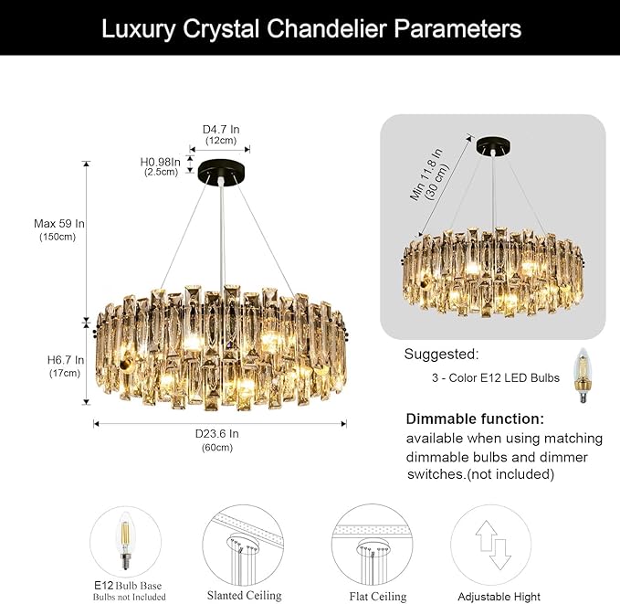 Modern Luxury K9 Crystal Chandelier 8-Lights Round Pendant Light Easy Install Ceiling Hanging Light Fixture for Dining Living Room Kitchen Island Entryway Foyer D23.6 Black