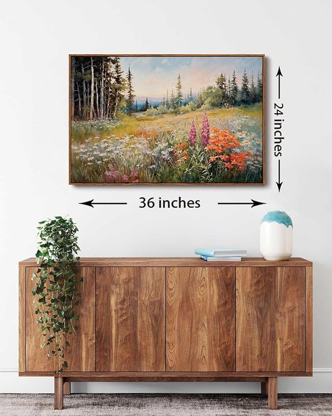 KISSFOX Vintage Framed Wall Art Mountain Meadow Wildflower Landscape Colorful Canvas Art Nature Serene Countryside Paintings Artwork Farmhouse Rustic Art Prints For Bedroom Bathroom Living Room