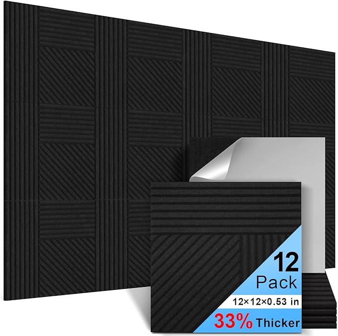 12 Pack Acoustic Wall Panels Self-Adhesive, 12" X 12" X 0.5" Decorative Acoustic Panels, Soundproof Wall Panels for Studio, Home & Living Room, Polyester - Rectangle Black