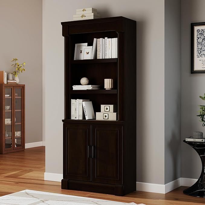 72" Roman Column Bookcase with Double Door Cabinet, 5 Tiers Tall Bookshelf Storage and Anti Tip Kit, Classic American European Modern Multi Style Design for Living Room Study Office, Dark Cherry