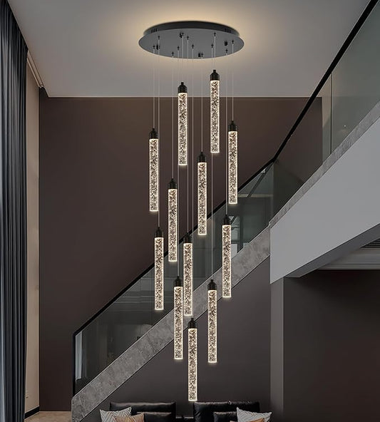 12-Lights High Ceiling Crystal Staircase Chandelier Black, Modern Spiral Raindrop Dimmable LED Bubble Cluster Ceiling Hanging Lighting Fixture for Foyer Living Room Entrance Remote Control