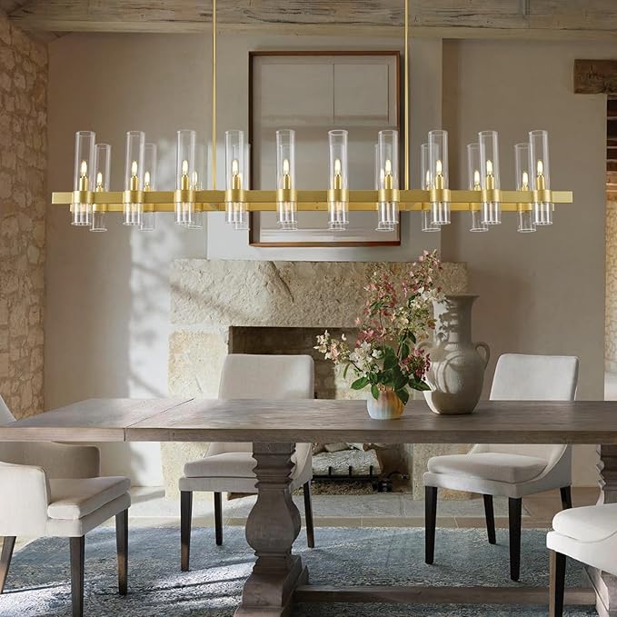 Modern Gold Linear Chandelier for Dining Room, 68'' Rectangular Dining Chandeliers Over Dining Table 20 Light, Linear Chandelier Lighting Fixture with Glass over Kitchen Island, Includes Bulbs