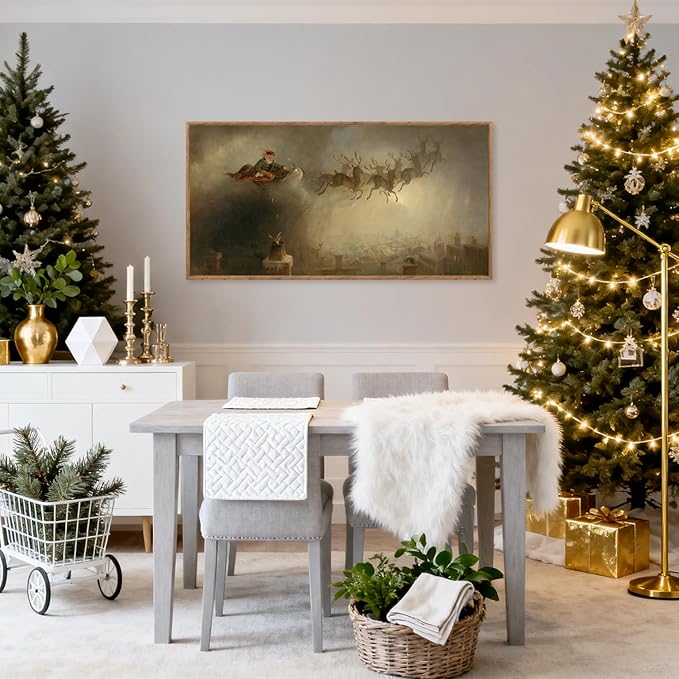 Aurlan Vintage Santa's Sleigh Rides Framed Wall Art(40"x20"), Mid Century Modern Moody Black Christmas Eve Santa Claus with Reindeer Sleigh Canvas Artwork, Neutral Abstract Xmas Winter Holiday Gift Decor for Home Office Bedroom