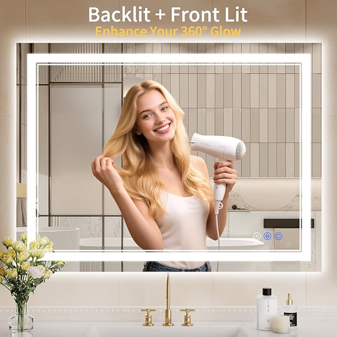 30"x40" LED Bathroom Mirror with Lights, Anti-Fog, Backlit + Front Lit, Dimmable, Led Vanity Mirror for Wall, Lighted Bathroom Mirror, 3 Colors, Shatter-Proof Tempered Glass