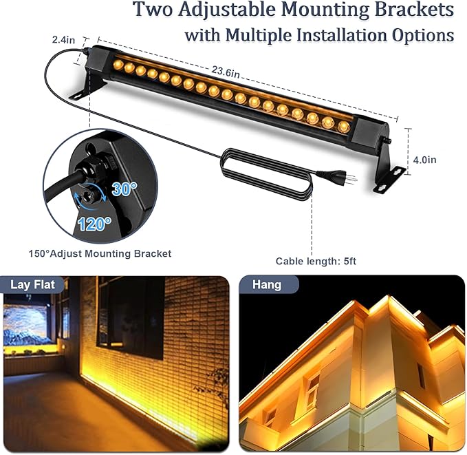 36W LED Wall Washer Light Bar, 2FT 2700K Warm White Outdoor Wall Washer Lights, 120V Waterproof IP67 LED Light Bar for Outdoor, Plug-in (2 Pack)