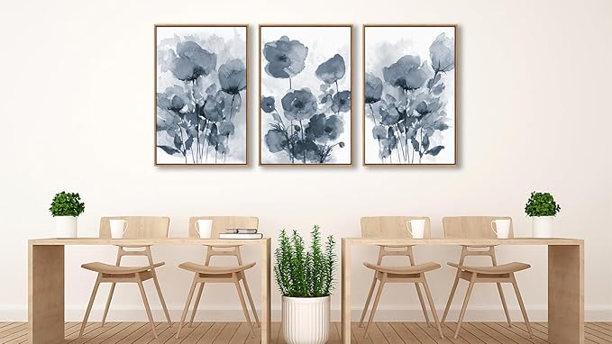 arteWOODS Botanical Framed Wall Art - Abstract Watercolor Style Pictures Grey Blue Floral Wall Decor Minimalist Prints Aesthetic Flowers Painting Artwork 24" x 36" Set of 3 Natural Framed