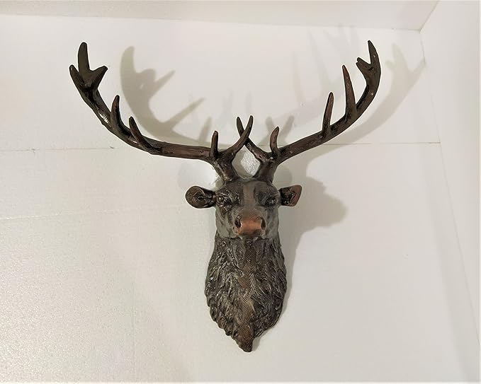 Metal Large Deer Head Wall Mount Statue Copper Antique Finish Sculpture Unique Figurine Stag Head Statue A Excellent Item For Home | Office | Restaurant Decorations