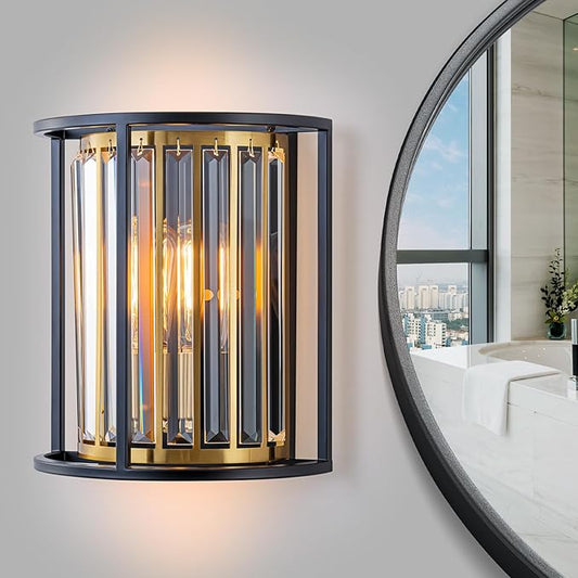 2-Light K9 Crystal Wall Sconces, Modern Design Indoor Wall Lamp, Vanity Wall Mount Light Fixture for Bathroom, Hallway, Bedroom, Clear Crystal Pendants, Gold & Black Finish Metal Frame