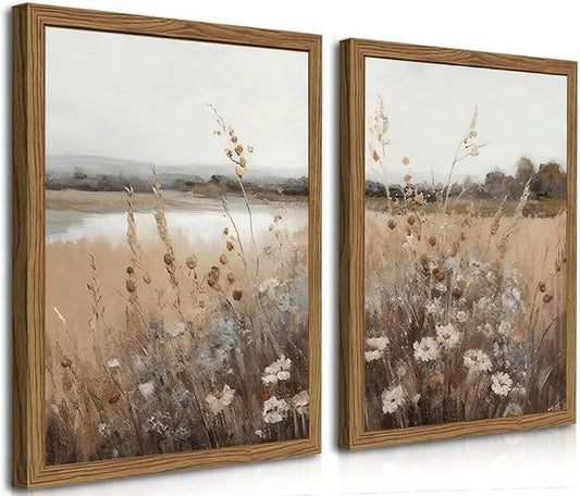 Wood Frame Vintage Wall Art Set of 2, Retro Farmhouse Wildflower Wall Decor Paintings Art Pictures, Country Floral Field Landscape Canvas Posters Prints for Bedroom Bathroom 12x16In Framed