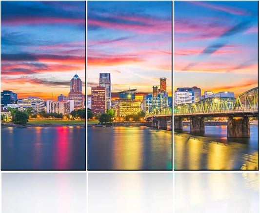3 Pieces Wall Art Painting Portland, Oregon Skyline Prints On Canvas the Picture City Pictures Oil for Home Modern Decoration Print Decor for Living Room with Framed Ready to Hang - 28 inch x 14 inch