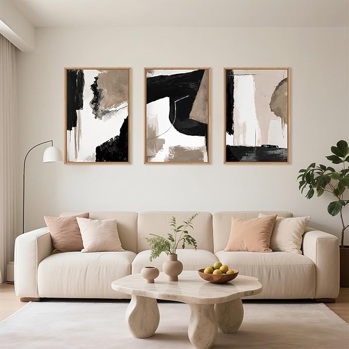 Large Modern Abstract Framed Canvas Wall Art Set, Neutral Black and Beige Color Block Wall Decor,Minimalist Pastel Tan Art Printing for Living Room,Bedroom,Office-16 x24 x3