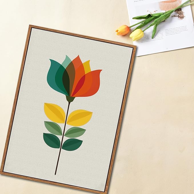 CHDITB Abstract Floral Framed Canvas Wall Art, Large Aesthetics Geometry Flowers Wall Decor, Neutral Geometric Lines Wall Painting, Modern Floral Art Prints for Living Room Bedroom Office 16"x24"x3