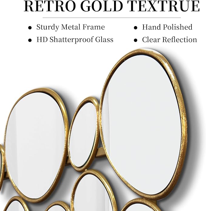 Gold Wall Mirrors Decorative - 23x51 Inch Large Living Room Mirrors for Wall Decor, 55 Piece Multi-Size Pebble Design Metal Framed Accent Mirror for Modern Entryway, Home Decor