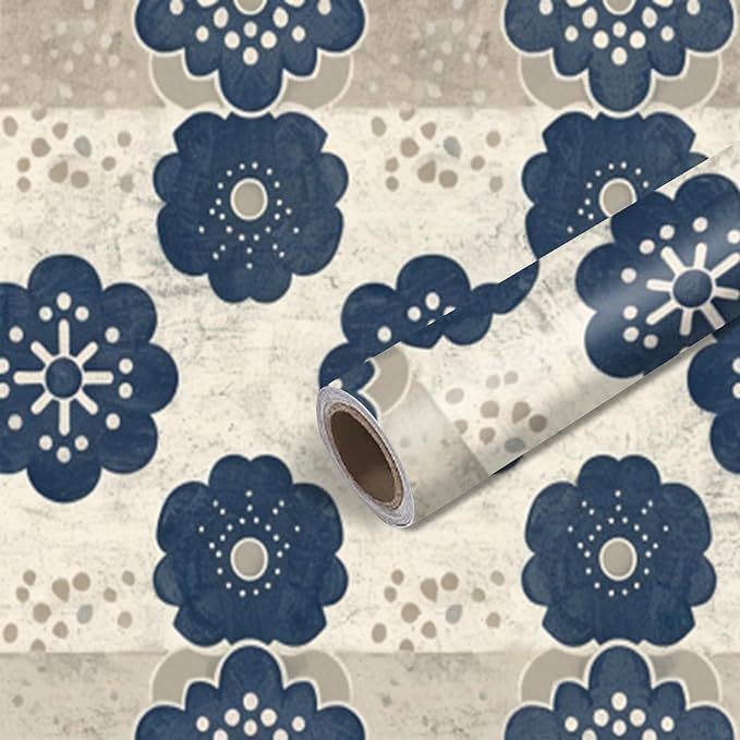 Nuxovilar Navy White Floral Medallion Textured Peel and Stick Wallpaper, 15.75"x39.37", Self-Adhesive Contact Paper, Traditional Tile Pattern for Bedroom, Living Room and Table Decor
