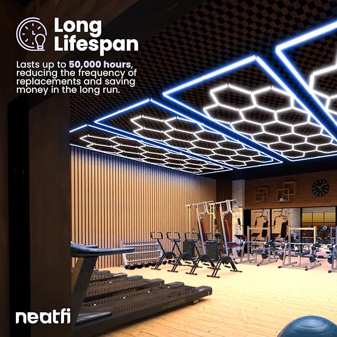 Neatfi LED Hexagon Garage Light 60,720 Lumens, 552W, Honeycomb Ceiling Light for Car Detailing, Auto Shops, Workshop, Warehouse, and Gym (15 Hex Grids, Blue)