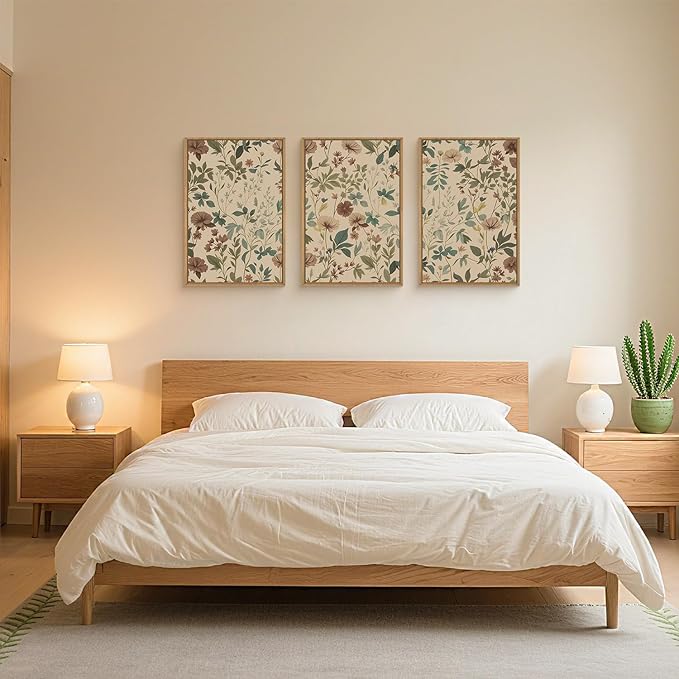Large Abstract Vintage Floral Framed Canvas Wall Art Set,Boho Retro Neutral Wildflower Wall Decor,Mid Century Antique Flower Botanical Artwork for Living Room,Bedroom,Farmhouse- 16"x24"x3