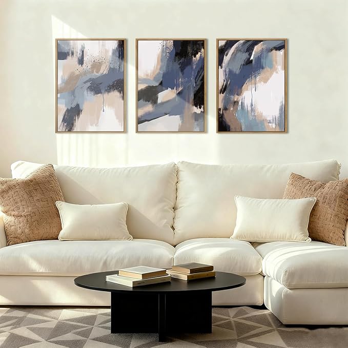 BINCUE Blue Neutral Wall Art Modern Abstract Artwork for Living Room Bedroom Office 12" Lx16 W Set of 3
