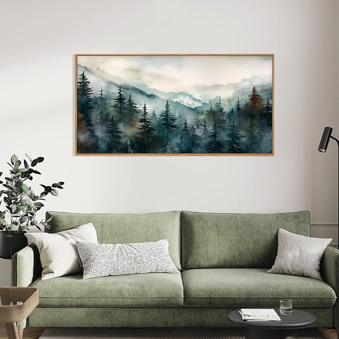 KAIRNE Watercolor Misty Forest Framed Canvas Wall Art Set, Nature Landscape Wall Decor, Foggy Mountain Pine Trees Wall Painting, Jungle Scenery Artwork for Living Room, Bedroom, Office 20"x40"