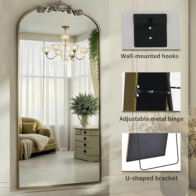 Arched Full Length Mirror, 71"x32" Full Body Mirrors with Carved, Floor Mirror for HomeDecor, Standing/Halling Large Wall Mirror for Bedroom, Living Room, Cloakroom, Bronze, Retro Style