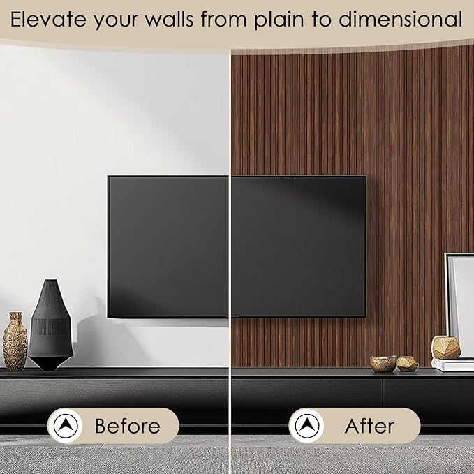 8-Pack 3D Slat Wall Panels — Soundproof Faux Wood Wall Panels for Interior Décor, 48.2" x 6.3", Modern Wall Cladding for Living Room, Bedroom, Office — Walnut Finish