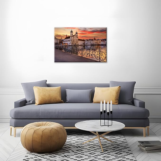 Mordern 1Pcs European Cityscape Canvas Wall Art Scenic Sunset Over River Cathedral with Domes Ready to Hang Architecture Romantic Travel Destination Decorative Framed Artwork for Living Rooms Bedrooms