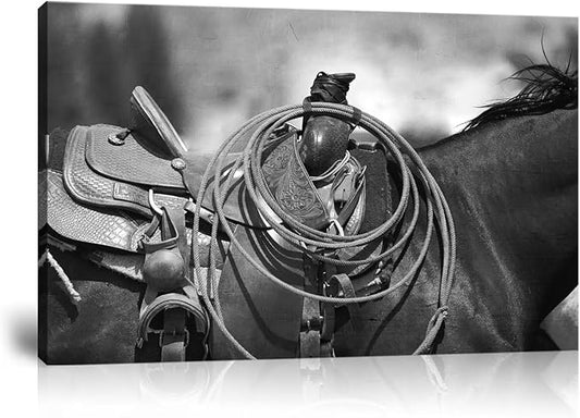 American West Rodeo Cowboy Wall Art Painting Saddle and Rope Picture on Canvas Artwork for Bedroom Living Room Office Home Decortion Prints Framed(12L" x 16W")
