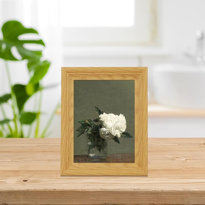 Brivoria Framed Canvas Wall Art Vintage Decor, White Roses in Glass Vase Realist Still Life Painting with Olive Green Background for Bedroom Bathroom Entryway Kitchen Decor, 8"x10"