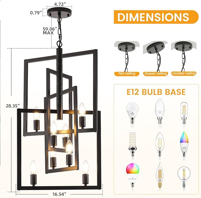 Black Farmhouse Chandelier, 8-Light Lantern Pendant Light Fixtures, Rustic Industrial Foyer Lighting Fixtures, Large Chandeliers for High Ceilings, for Kitchen Island, Hallway, Staircase, Entryway