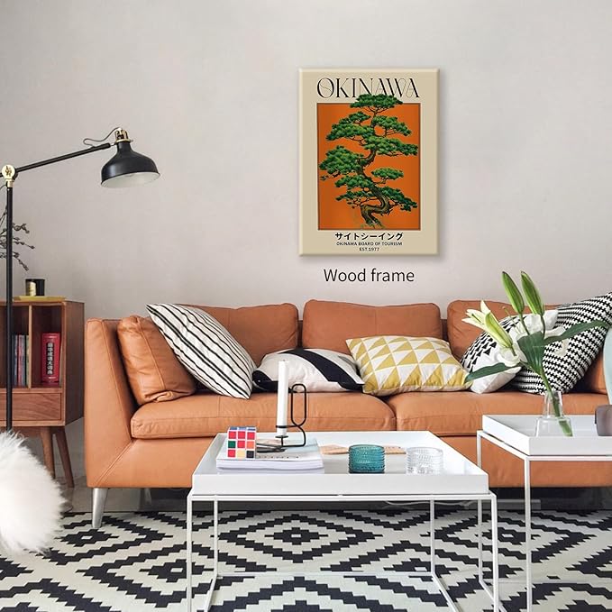 Japanese Canvas Wall Art Orange Okinawa Prints Retro Japanese Bonsai Tree Picture Modern Ukiyo-e Decor Poster for Asian Living Room Bedroom Dorm Bathroom 20x30 inch Framed