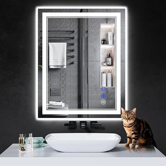 30"x24" LED Bathroom Mirror with Anti-Fog, Stepless Dimmable Lights, 3 Color Modes, Shatter-Proof Tempered Glass, Memory Function & Waterproof Design
