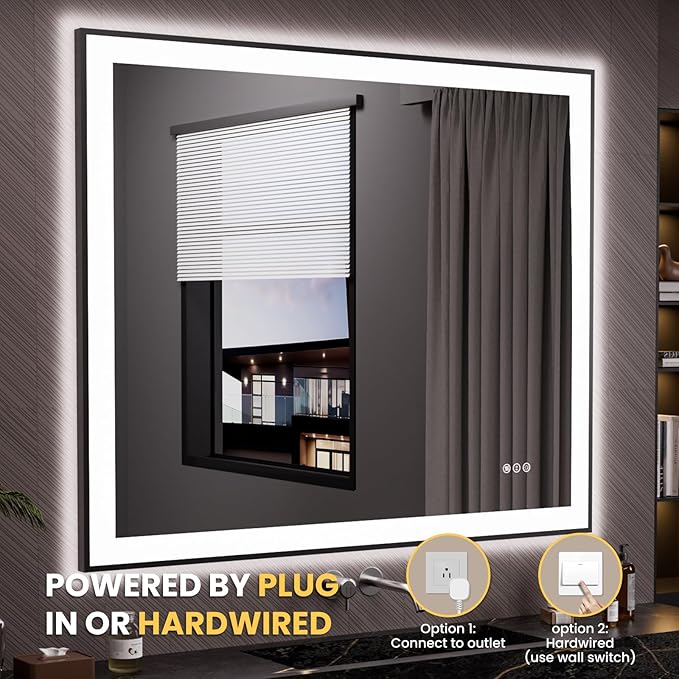 LOAAO 48"X40" LED Bathroom Mirror Black Framed, Anti-Fog, Dimmable, Lighted Bathroom Vanity Mirror for Wall, Memory Function, Tempered Glass