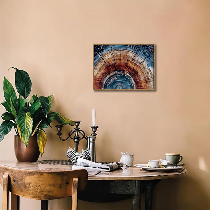 BingruiArt Framed Tree Ring Wall Art Wood Canvas Colorful Boho Wall Decor Rustic Artwork Abstract Painting Farmhouse Picture Nature Print for Living Room Bedroom Bathroom 12"x16" Natural Framed(01)