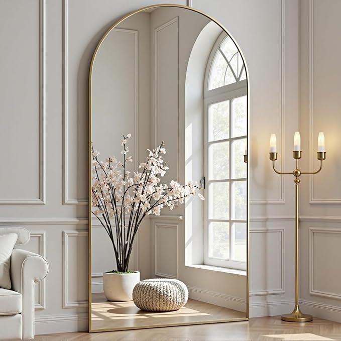 71"X26" Arched Full Length Mirror, Free Standing Leaning or Wall-Mounted Mirror, Aluminum Frame Modern Mirrors for Living Room, Bedroom, Cloakroom, Gold