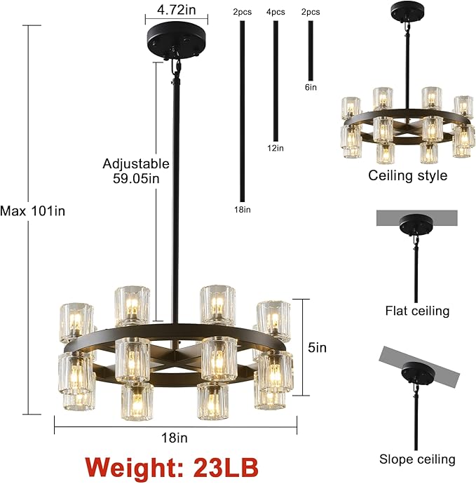 Black Wagon Wheel Chandelier, 18" Modern Farmhouse Chandelier, 16-Light Chandelier for Living Room, K9 Crystal Chandeliers for Dining Room (Bulbs Included)